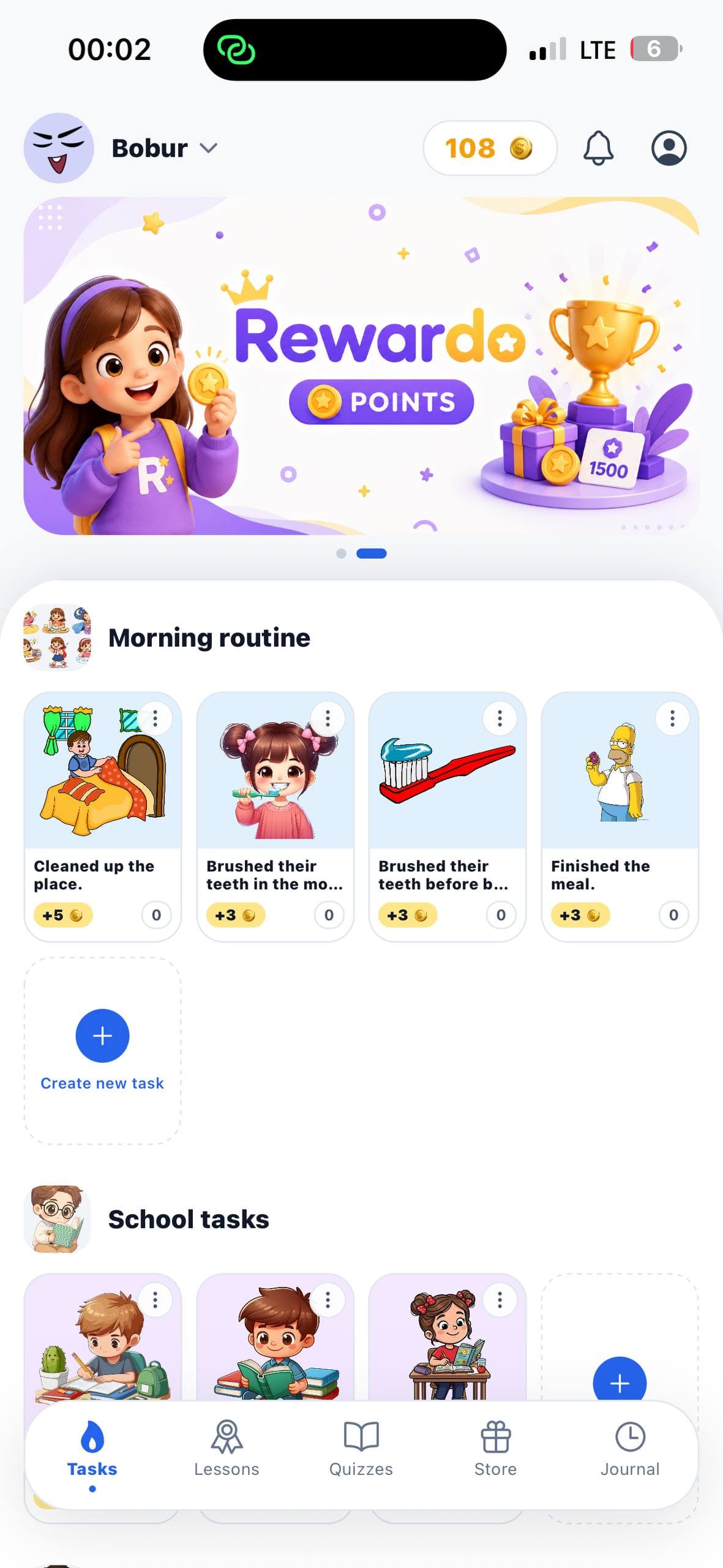 Rewardo Tasks screen