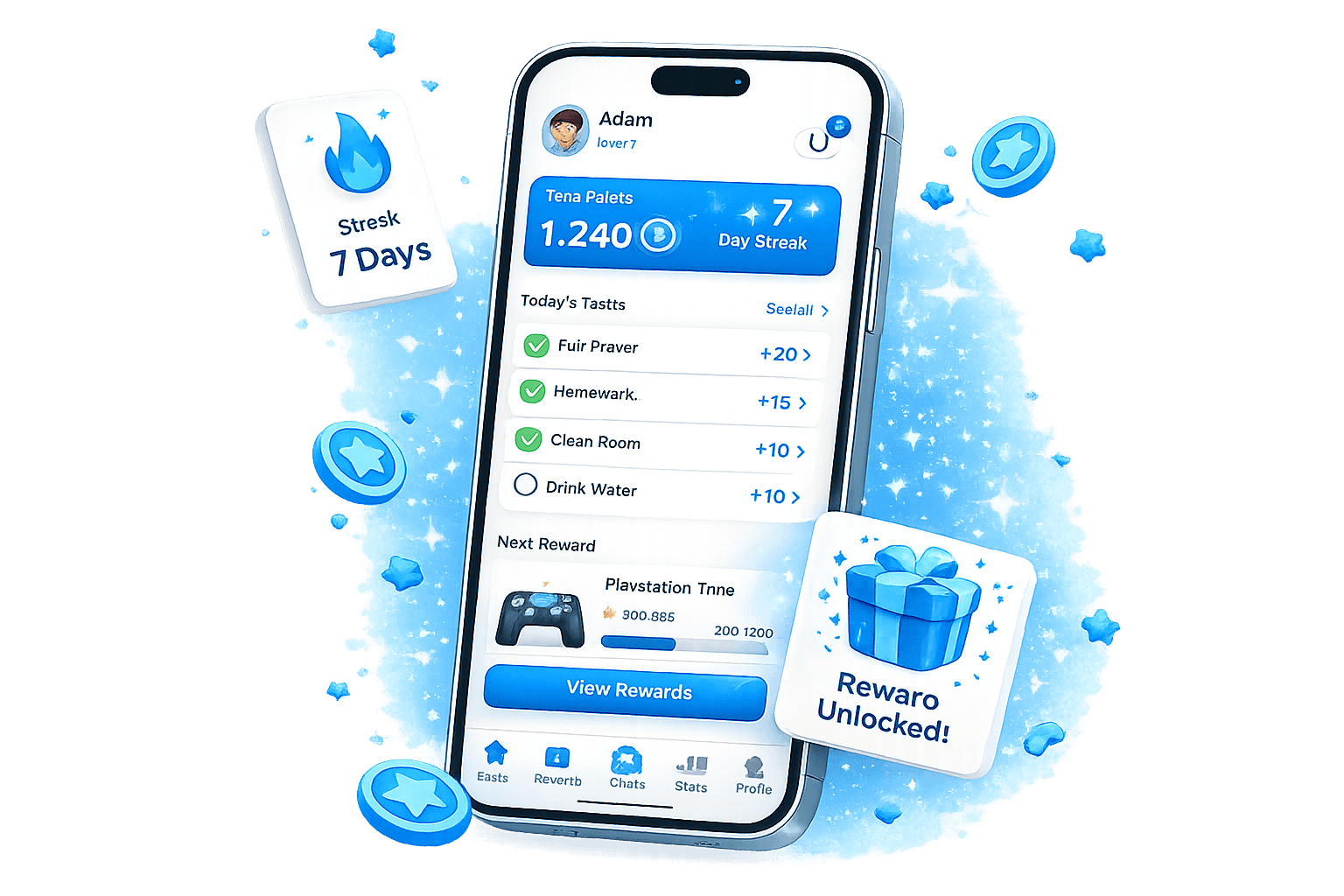 Rewardo app on phone with mascot, coins, and reward cards